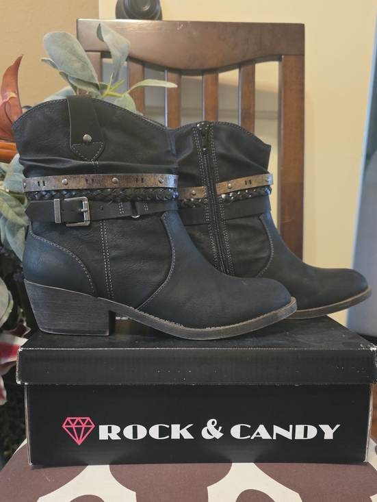 Rock & Candy Shoes - Rock & Candy Black Studded Strap Low Heel Ankle Boots